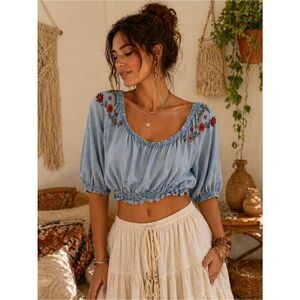 Boho Chic Chambray Blue Embroidered Crop Top with Puff Sleeves